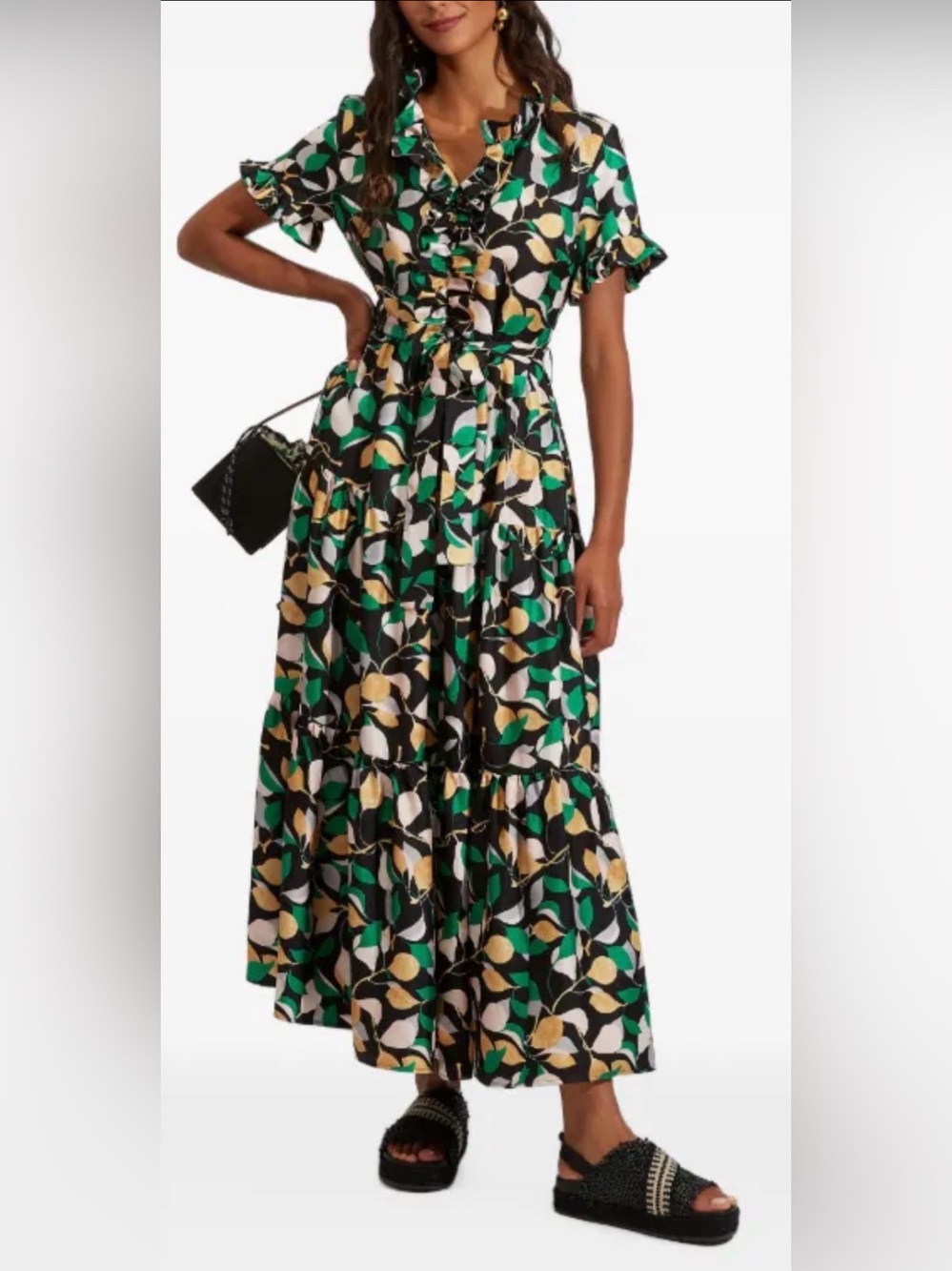 La DoubleJ Long Sassy Dress Green Abstract Belted Maxi Dress Sz S *Flaw* NWT
